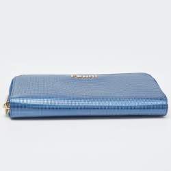 Pre Owned Fendi Metallic Blue Textured Leather Zip Around Continental Wallet