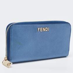 Pre Owned Fendi Metallic Blue Textured Leather Zip Around Continental Wallet