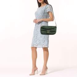 Pre Owned Fendi Green Jacquard Woven Fabric Medium Baguette Bag