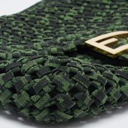 Pre Owned Fendi Green Jacquard Woven Fabric Medium Baguette Bag