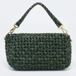 Pre Owned Fendi Green Jacquard Woven Fabric Medium Baguette Bag