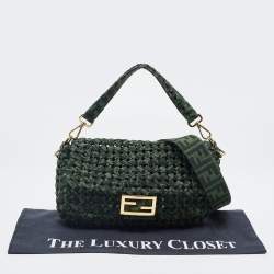 Pre Owned Fendi Green Jacquard Woven Fabric Medium Baguette Bag