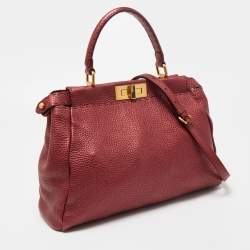 Pre Owned Fendi Metallic Burgundy Selleria Leather Regular Peekaboo Top Handle Bag