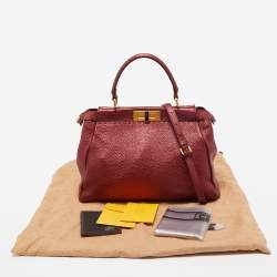 Pre Owned Fendi Metallic Burgundy Selleria Leather Regular Peekaboo Top Handle Bag