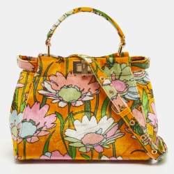 Pre Owned Fendi Multicolor Floral Print Velvet Mini Peekaboo Top Handle Bag