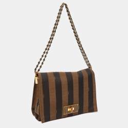 Pre Owned Fendi Tobacco Pequin Stripe Canvas Large Claudia Shoulder Bag