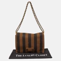 Pre Owned Fendi Tobacco Pequin Stripe Canvas Large Claudia Shoulder Bag