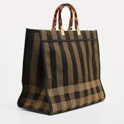 Pre Owned Fendi Black/Tobacco Jacquard Pequin Canvas Large Sunshine Shopper Tote
