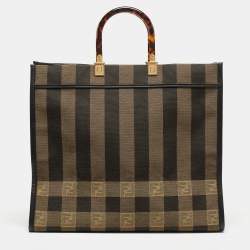 Pre Owned Fendi Black/Tobacco Jacquard Pequin Canvas Large Sunshine Shopper Tote