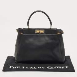 Pre Owned Fendi Black Leather and Leopard Print Calf Hair Interior Medium Peekaboo Top Handle Bag