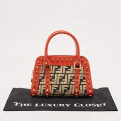 Pre Owned Fendi Tricolor Raffia and Leather Studded Satchel
