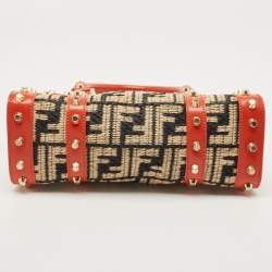 Pre Owned Fendi Tricolor Raffia and Leather Studded Satchel