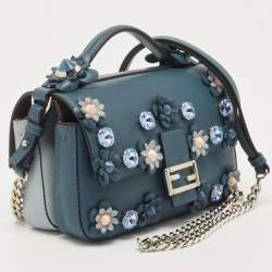 Fendi Blue Leather Micro Flowerland Double Baguette Bag