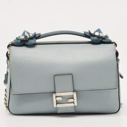 Fendi Blue Leather Micro Flowerland Double Baguette Bag