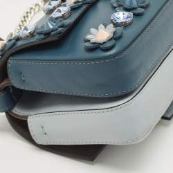 Fendi Blue Leather Micro Flowerland Double Baguette Bag