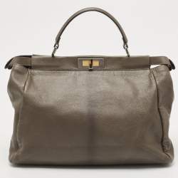 Pre Owned Fendi Dark Grey Leather Large Peekaboo Top Handle Bag