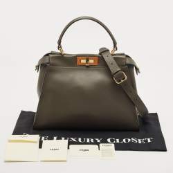 Pre Owned Fendi Dark Beige Leather Medium Peekaboo Top Handle Bag