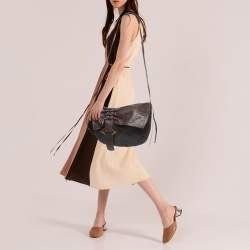 Pre Owned Fendi Dark Brown Embossed Leather Buckle Flap Shoulder Bag