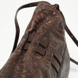 Pre Owned Fendi Dark Brown Embossed Leather Buckle Flap Shoulder Bag