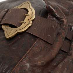 Pre Owned Fendi Dark Brown Embossed Leather Buckle Flap Shoulder Bag