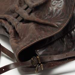 Pre Owned Fendi Dark Brown Embossed Leather Buckle Flap Shoulder Bag