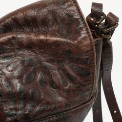 Pre Owned Fendi Dark Brown Embossed Leather Buckle Flap Shoulder Bag