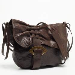 Pre Owned Fendi Dark Brown Embossed Leather Buckle Flap Shoulder Bag