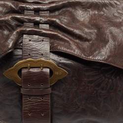 Pre Owned Fendi Dark Brown Embossed Leather Buckle Flap Shoulder Bag