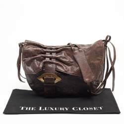 Pre Owned Fendi Dark Brown Embossed Leather Buckle Flap Shoulder Bag