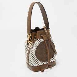 Pre Owned Fendi Khaki/White Perforated Leather Mini Mon Tresor Bucket Bag