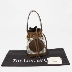 Pre Owned Fendi Khaki/White Perforated Leather Mini Mon Tresor Bucket Bag