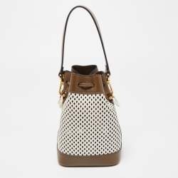 Pre Owned Fendi Khaki/White Perforated Leather Mini Mon Tresor Bucket Bag