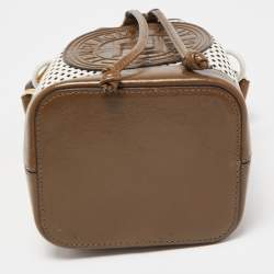 Pre Owned Fendi Khaki/White Perforated Leather Mini Mon Tresor Bucket Bag
