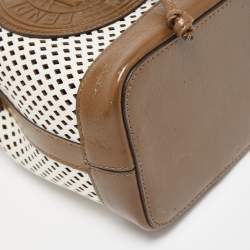 Pre Owned Fendi Khaki/White Perforated Leather Mini Mon Tresor Bucket Bag