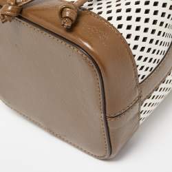Pre Owned Fendi Khaki/White Perforated Leather Mini Mon Tresor Bucket Bag