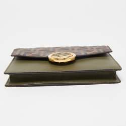 Pre Owned Fendi Military Green/Brown FF Leather Wallet On Chain