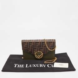 Pre Owned Fendi Military Green/Brown FF Leather Wallet On Chain