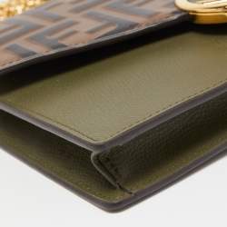 Pre Owned Fendi Military Green/Brown FF Leather Wallet On Chain