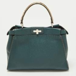 Pre Owned Fendi Green Selleria Leather and Python Medium Peekaboo Top Handle Bag