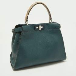 Pre Owned Fendi Green Selleria Leather and Python Medium Peekaboo Top Handle Bag