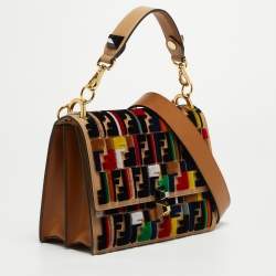 Pre Owned Fendi Multicolor Zucca Velvet and Leather Kan I Shoulder Bag