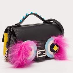 Fendi Multicolor Fox and Snakeskin Trimmed Leather Double Micro Baguette Bag