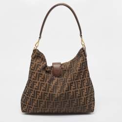 Pre Owned Fendi Tobacco Zucca Canvas and Leather Clasp Shoulder Bag