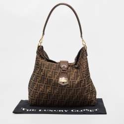Pre Owned Fendi Tobacco Zucca Canvas and Leather Clasp Shoulder Bag