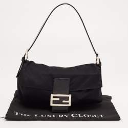 Fendi Black Fabric and Leather Flap Baguette Bag