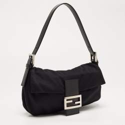 Fendi Black Fabric and Leather Flap Baguette Bag