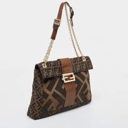 Fendi Tobacco Zucca Canvas and Leather Maxi Baguette Flap Shoulder Bag