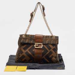 Fendi Tobacco Zucca Canvas and Leather Maxi Baguette Flap Shoulder Bag