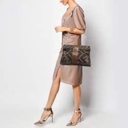 Fendi Tobacco Zucca Canvas and Leather Maxi Baguette Flap Shoulder Bag