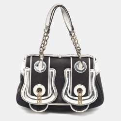 Pre Owned Fendi Black/Silver Canvas and Patent Leather B Shoulder Bag